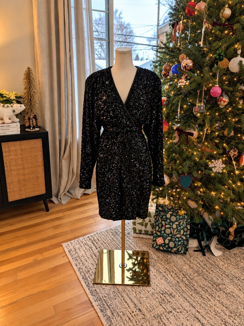 ROTATE Birger Christensen Black Sequin Wrap Mini Dress Size 8 Holiday Party
